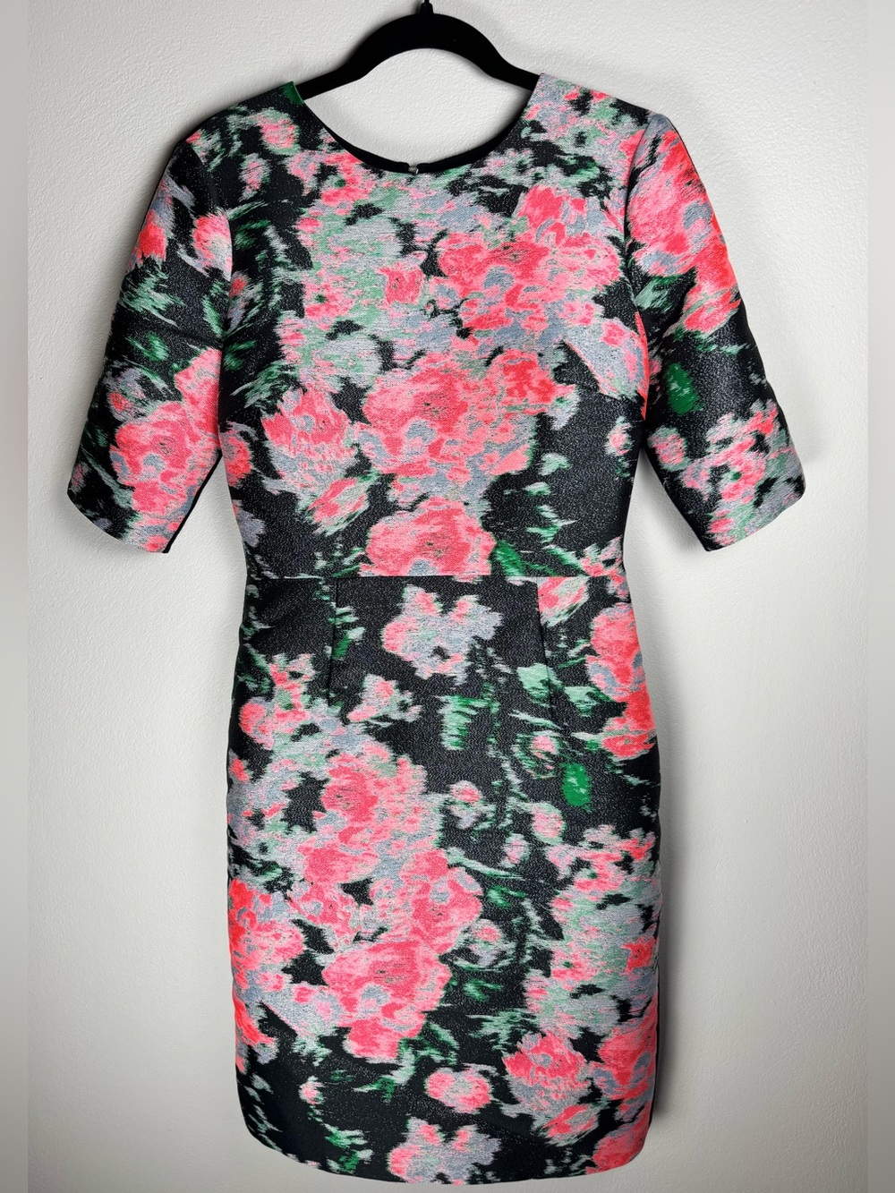 Erdem Abstract Rose Silk Blend Knee Length Short Sleeve Sheath Dress Size 8 Zip